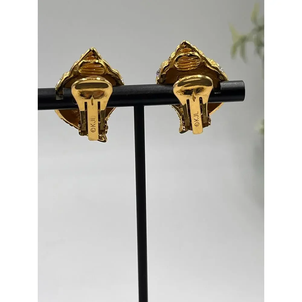 Kenneth Jay Lane KJL Vintage‎ Gold Crystal Seashell Crystal Clip On Earrings - Picture 5 of 9